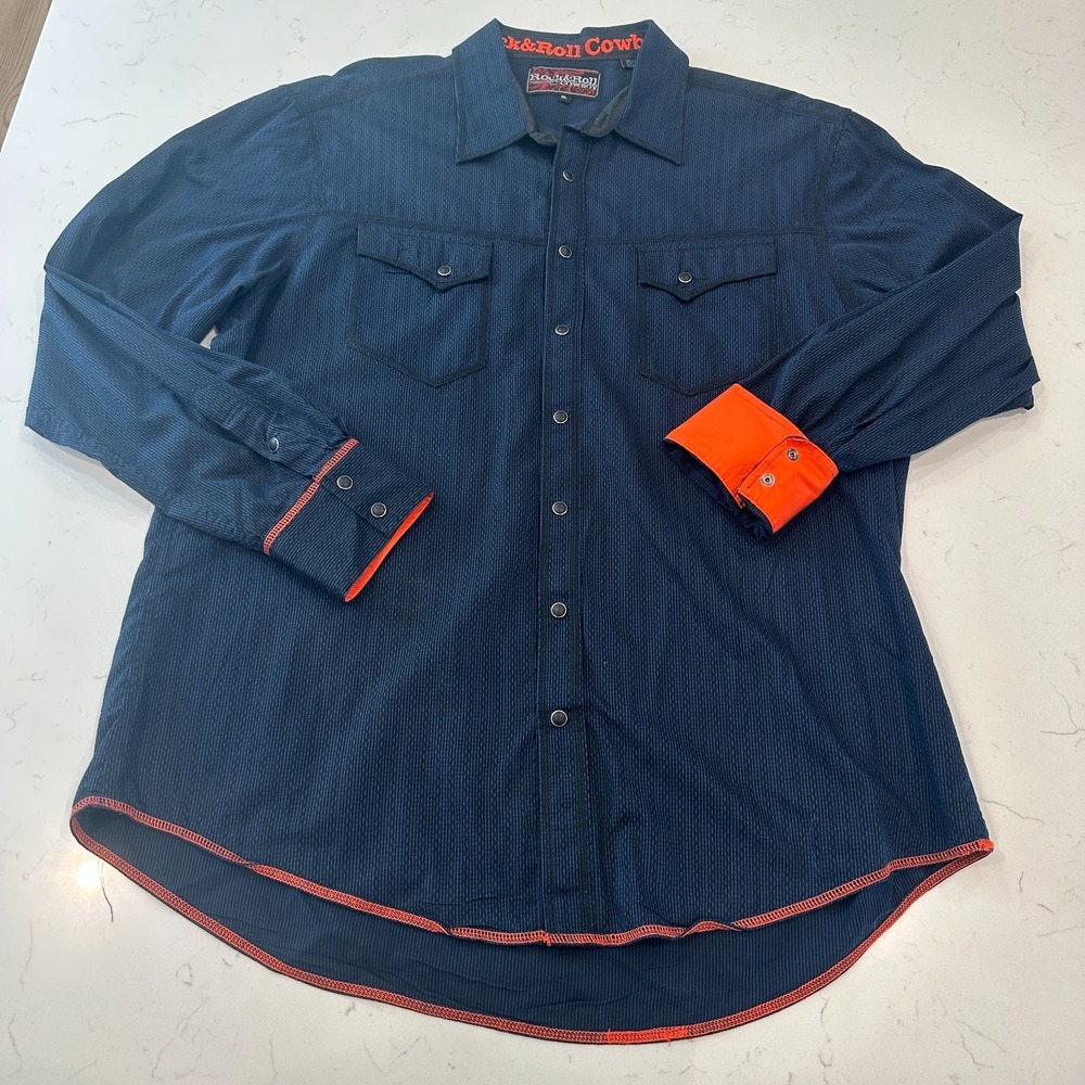 Rock & Roll Cowboy Mens XL Western Shirt Pearl Snap Blue Orange B2S5118 Rodeo
